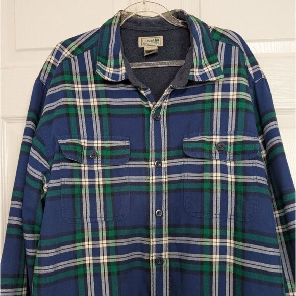 LL Bean Plaid Flannel Shacket Mens Size Large Blue Cotton Fleece Lined Shirt - Picture 2 of 10
